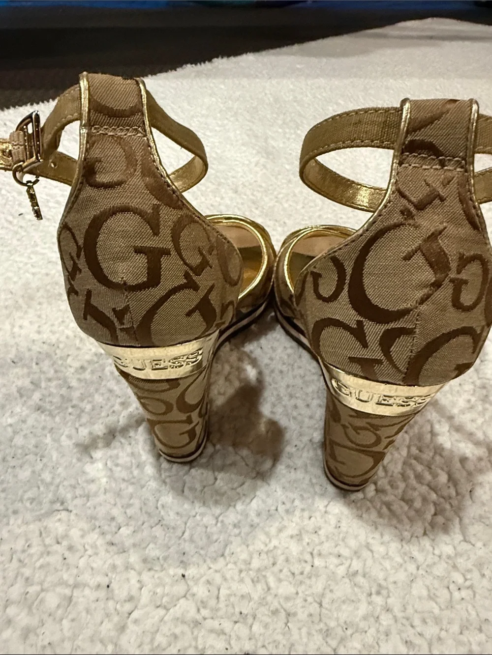 Guess Tan Logo Print Wedge Sandals with Ankle Strap